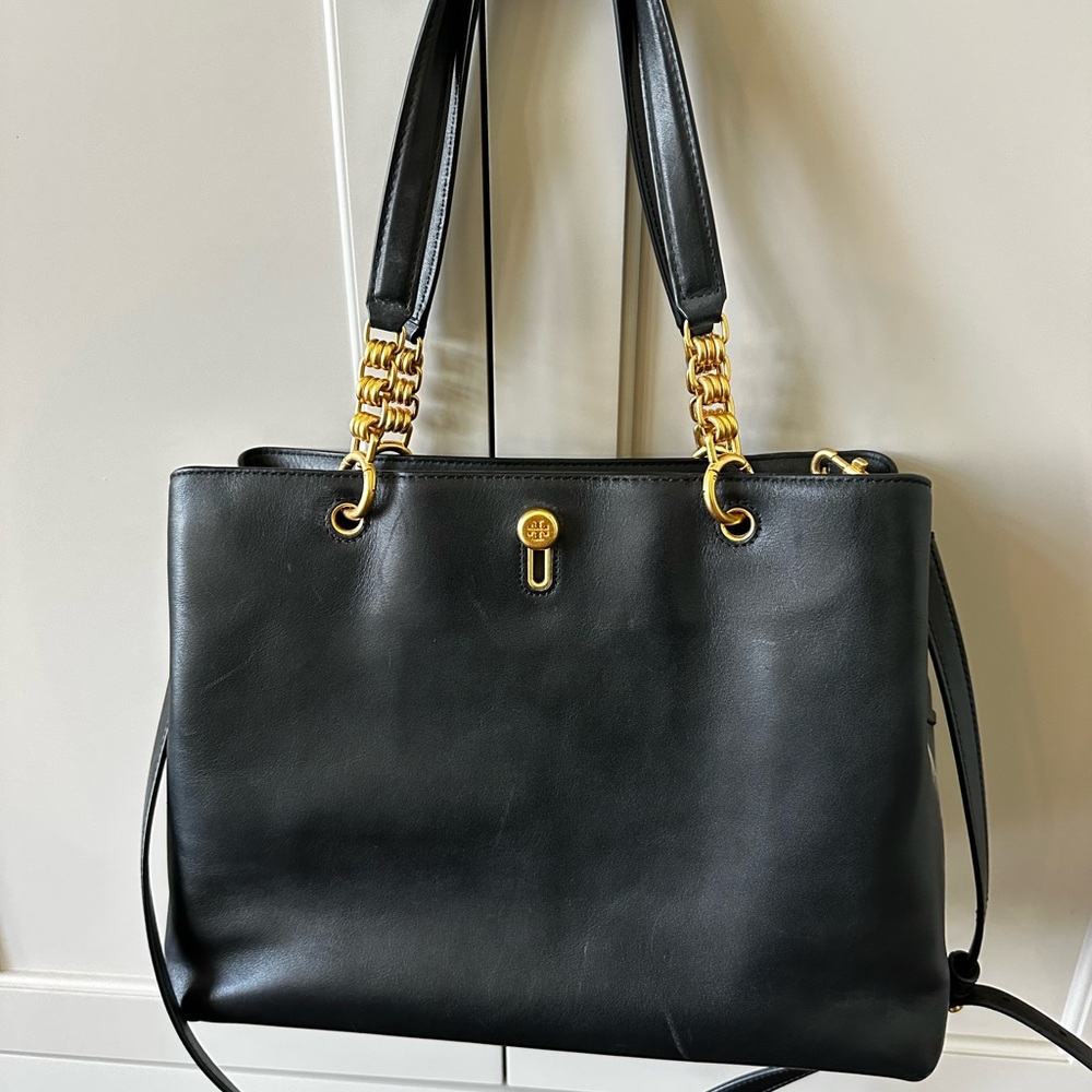 Tory Burch Black and Gold Shoulder Bag with Chain Details